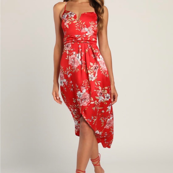 Lulus My Favorite Day Red Floral Print Tulip Skirt Midi Dress - Picture 1 of 9